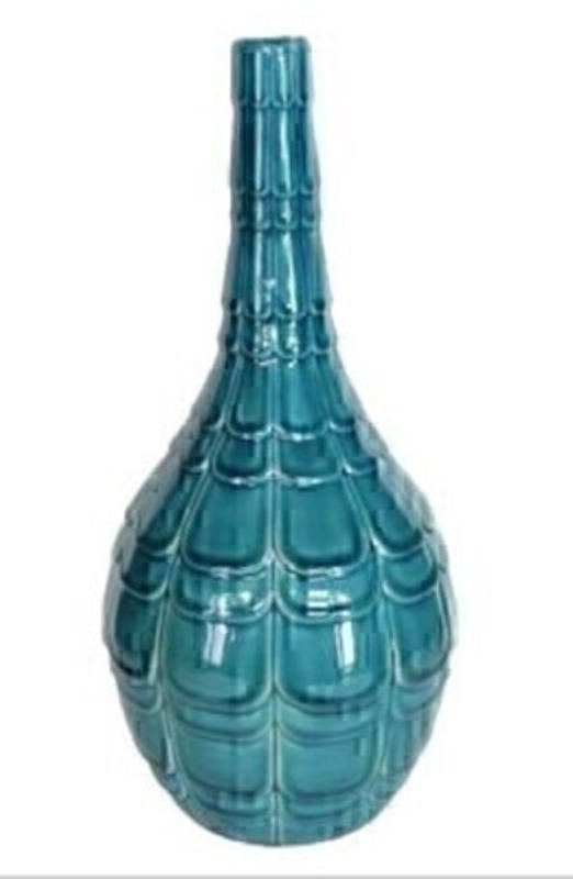 Art Deco style teal ceramic embossed ornamental vase with a curvaceous shape. This bright gloss vase is a statement piece all homes deserve.  Size (LxWxD) 18cm x 38cm x 18cm.